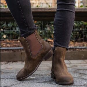 Thursday Boot Company Duchess Chelsea Olive Green Suede Ankle Boot, size 8.5